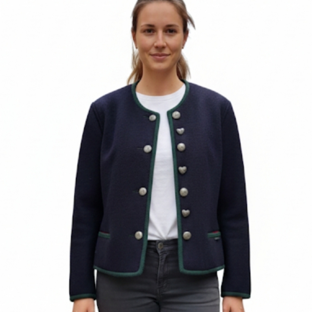 Vintage Geiger Wool Military Style Blazer Jacket Navy Blue, Red Trim size 8 38